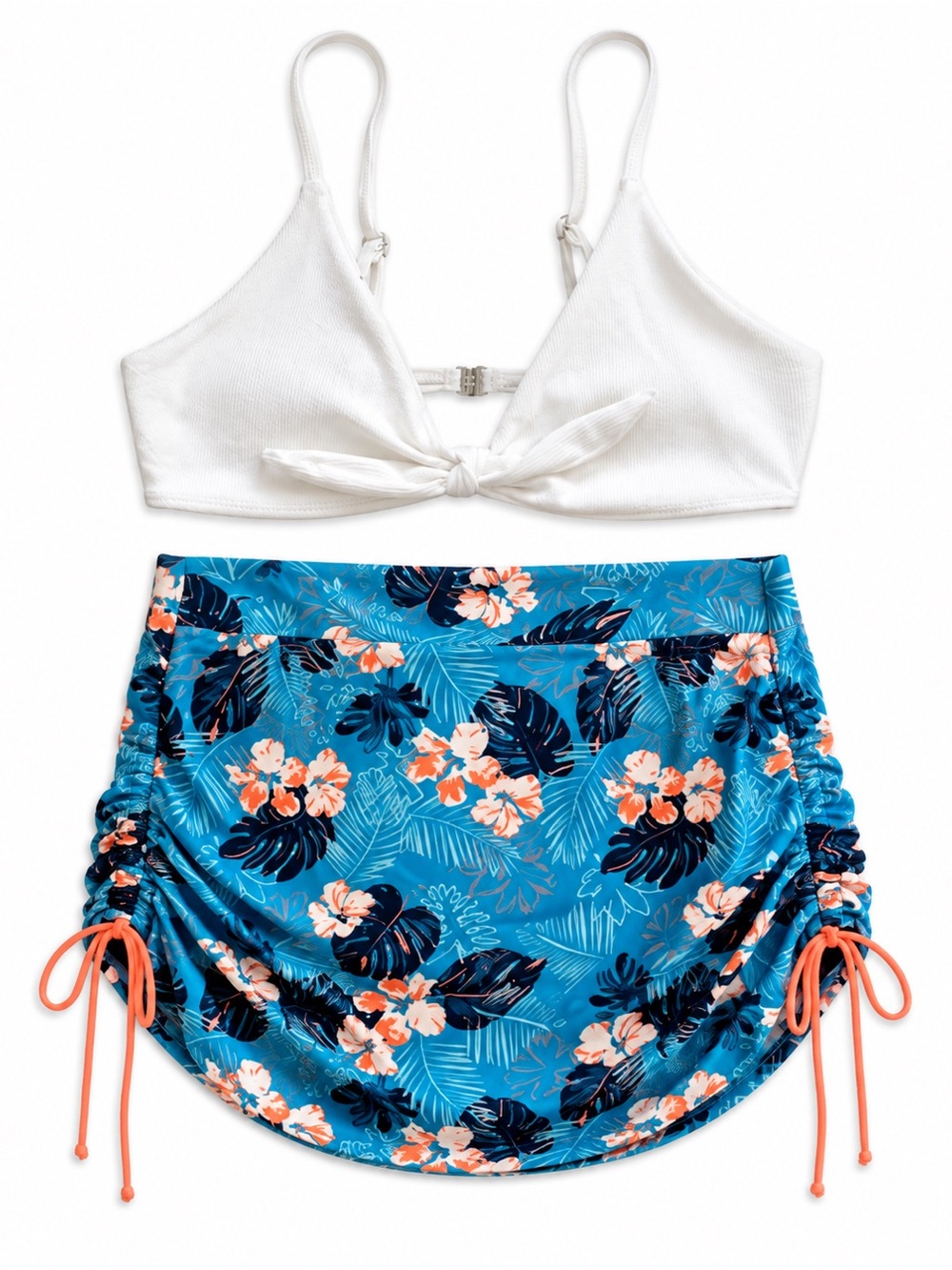 4/$20➡️ White Ribbed Tie-Front Bikini Top & Floral Swim Skirt – Size 3X GUC